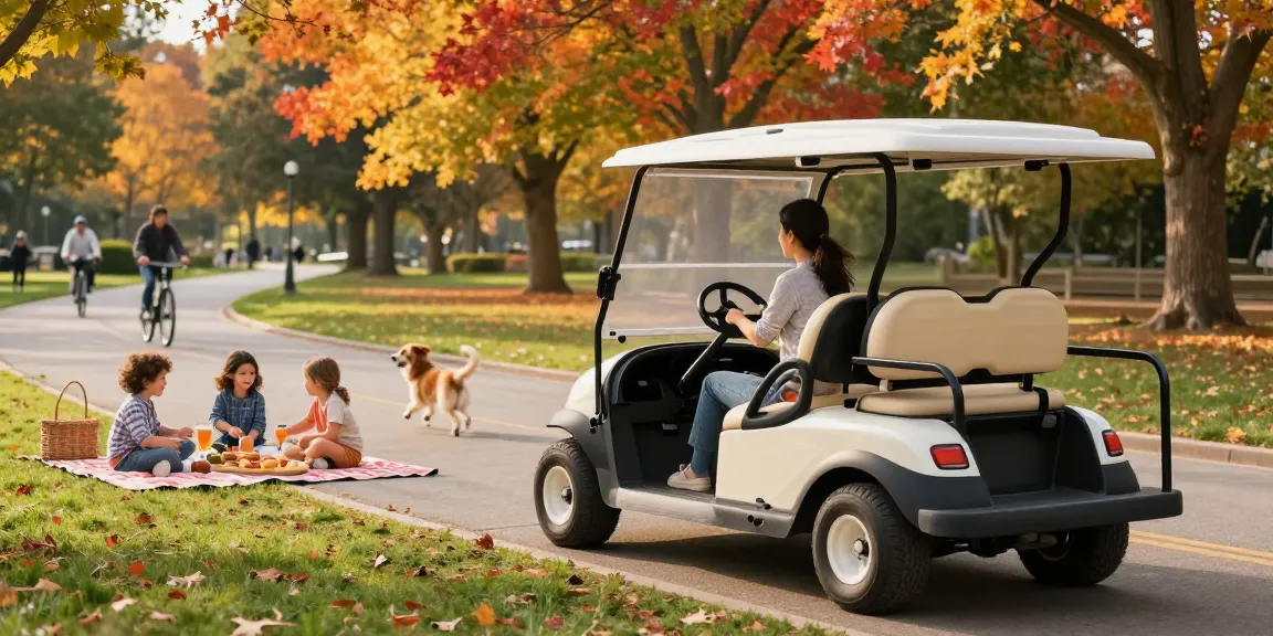 Family enjoying a picnic next to a stylish street legal golf cart in a park.