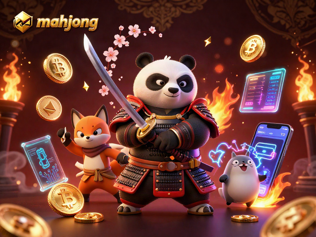 Engage in mahjong gaming with a dynamic scene featuring a samurai panda and floating spirit tanuki.