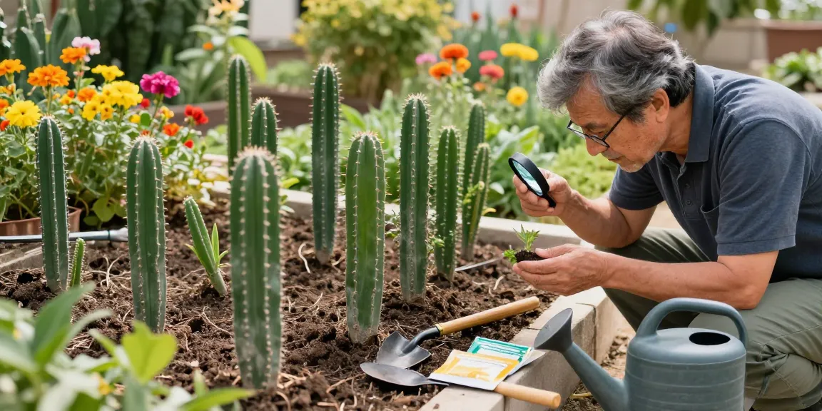 Carefully examining Lophophora Williamsii seedlings in a vibrant garden showcasing San Pedro Powder's benefits.
