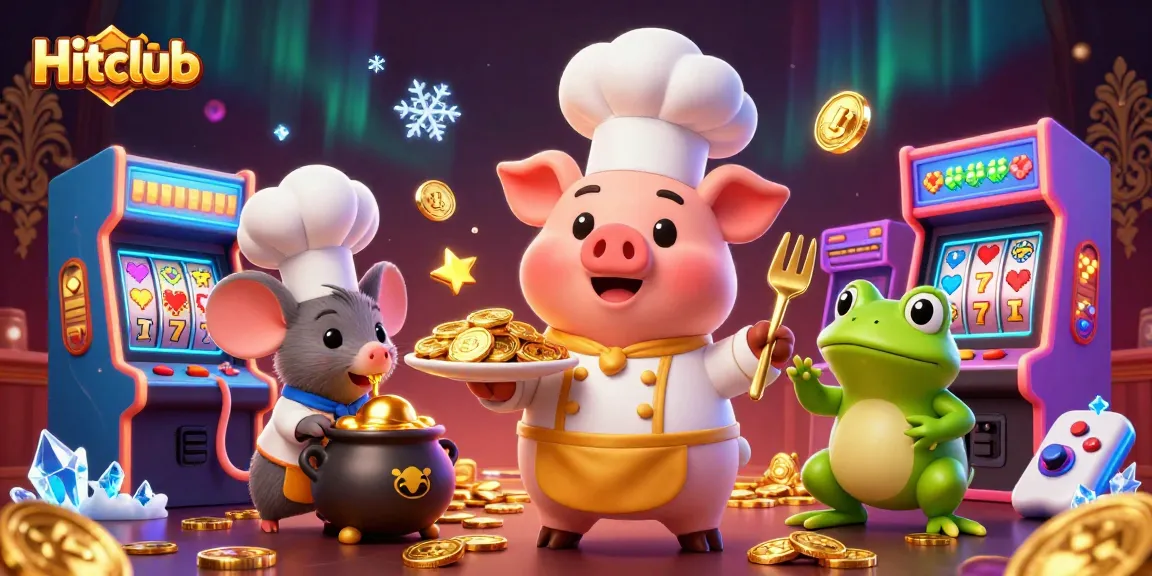 Winning at Hitclub with golden coins, arcade machines, and casino elements in vibrant 3D