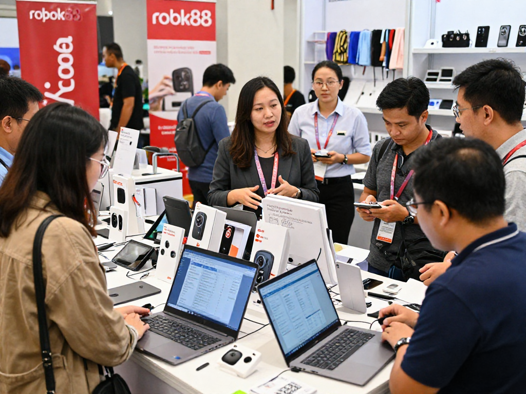 Wholesale buyers negotiating with suppliers at rokok88 marketplace, showcasing electronics and accessories.