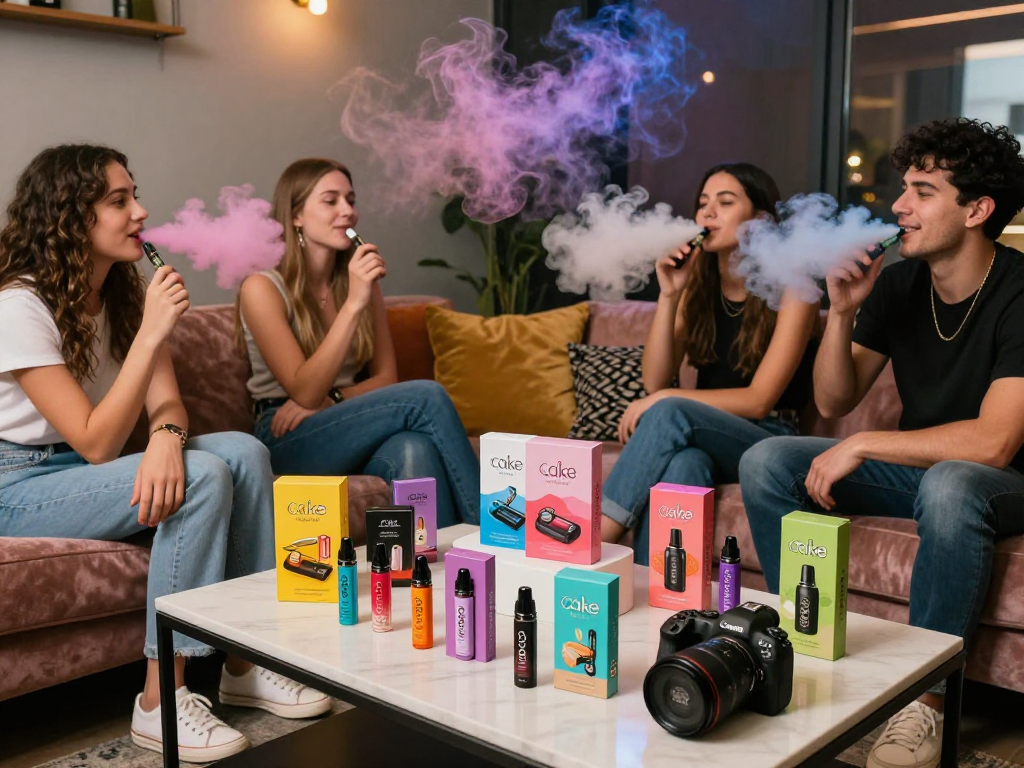 Friends enjoying Cake carts in a cozy vape lounge with colorful packaging and vibrant atmosphere.