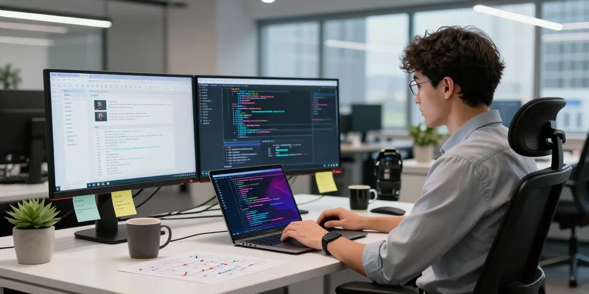 Engineer coding at a modern desk in a vibrant office showcasing telegram官网 features and innovative workspace.