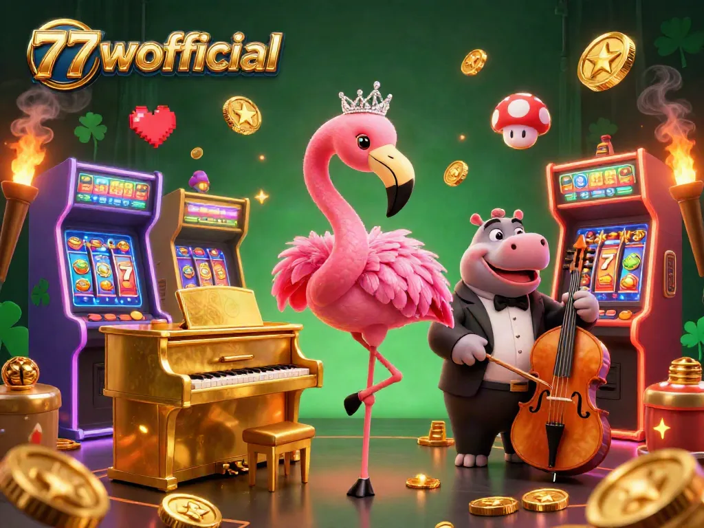 Engage with thrilling slots and games at 77wofficial, featuring colorful 3D characters and vibrant casino elements.