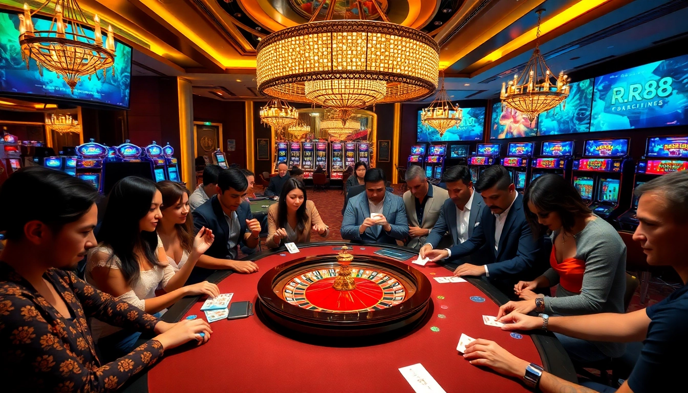 Players engaging in thrilling casino action at https://rr88.pizza/, showcasing roulette and vibrant slot machines.