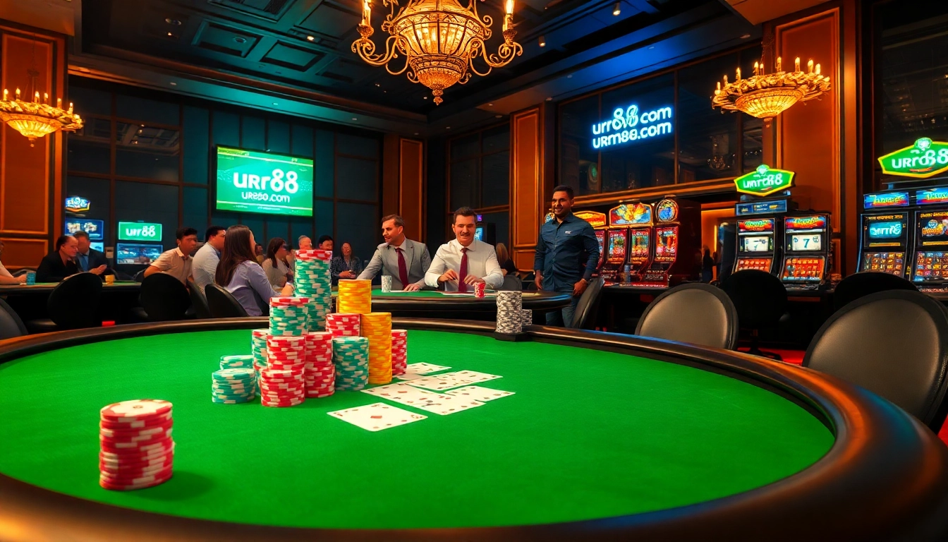 Experience the thrill of high-stakes gambling at urr88.com with vibrant casino visuals featuring poker and roulette.