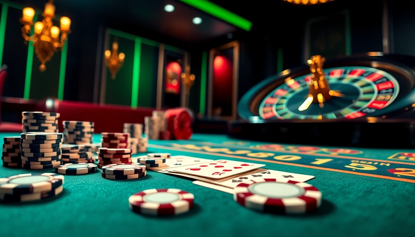 Experience the thrill of poker at https://m88zo.com/ with vibrant chips, cards, and a roulette wheel.