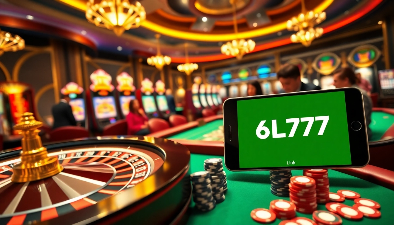 Exciting casino scene featuring 6L777 Link mobile gameplay, roulette wheel, and vibrant slot machines.
