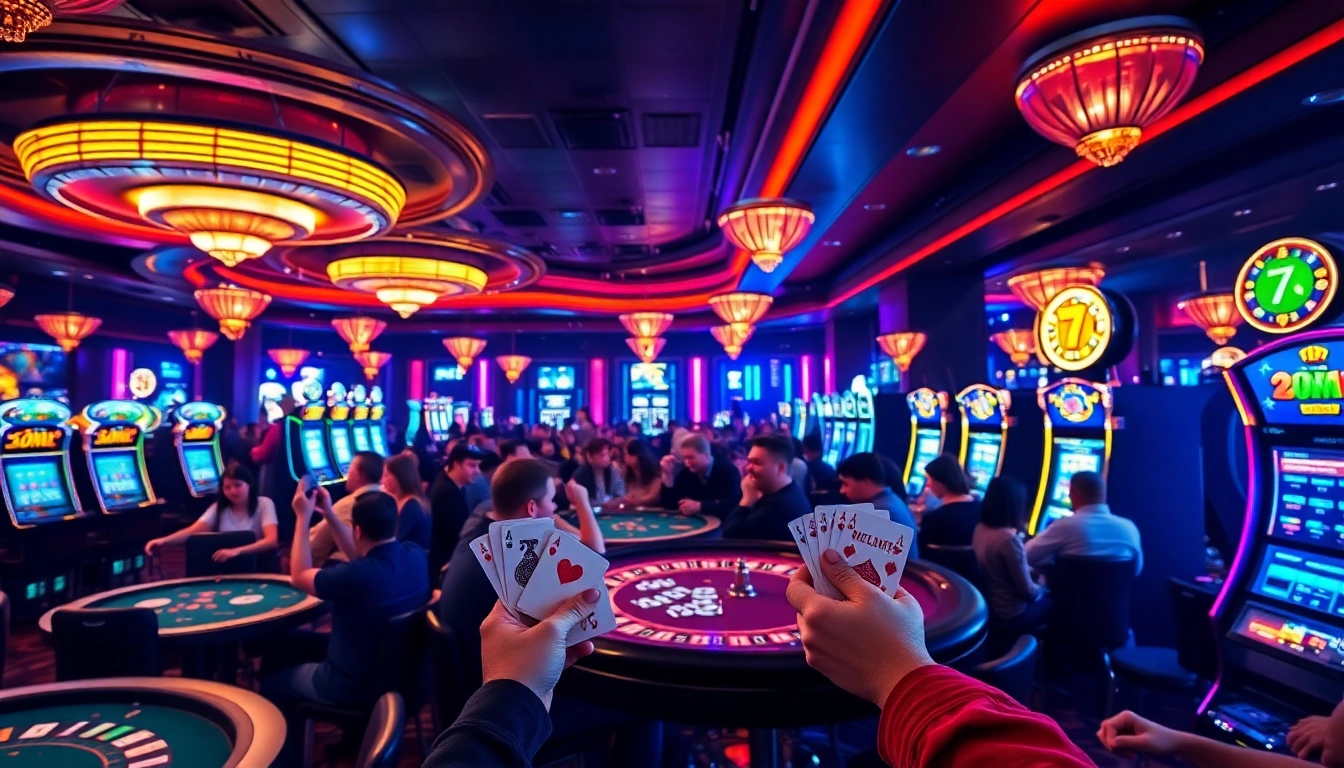 Excited players enjoying table games and slot machines in a luxurious casino 7m venue.