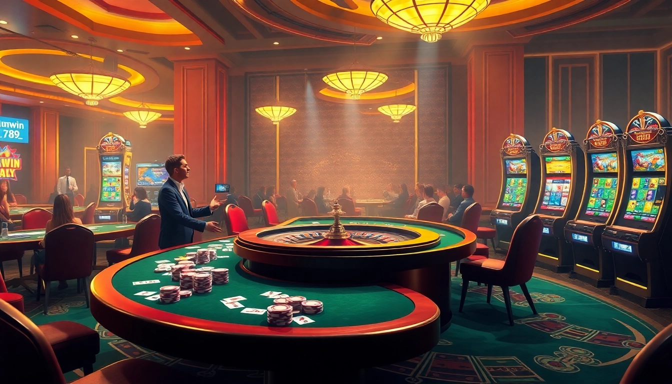Exciting gaming scene featuring kuwin 789 on casino tables with chips, cards, and roulette.