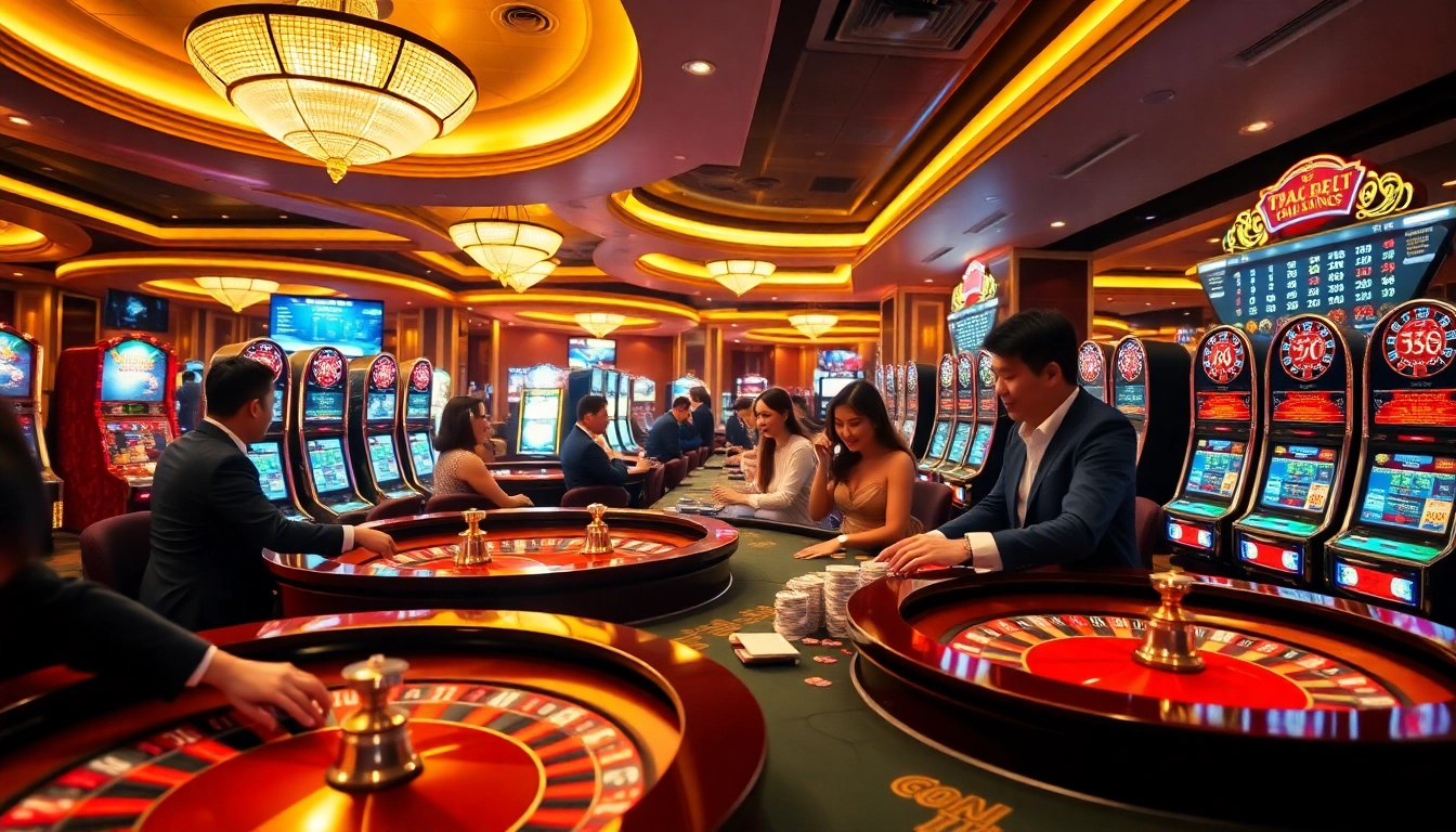 Experience excitement at trang chủ hay88 with players engaged in thrilling casino games and vibrant slot machines.