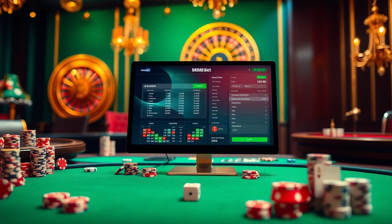 Engage in intense gameplay with the mm88 bet interface surrounded by poker chips and dice.