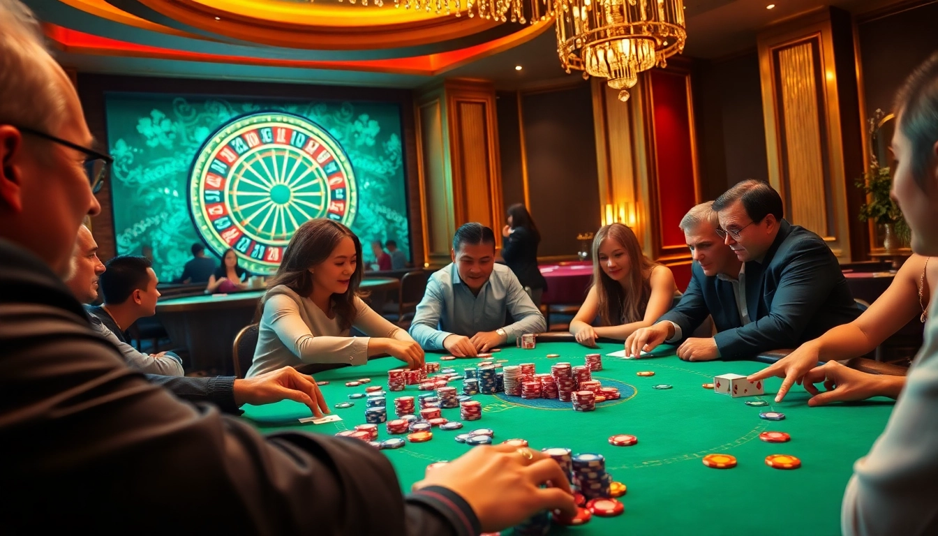 Players enjoying poker at a vibrant casino table, highlighting excitement from https://www.ph22211.com/.