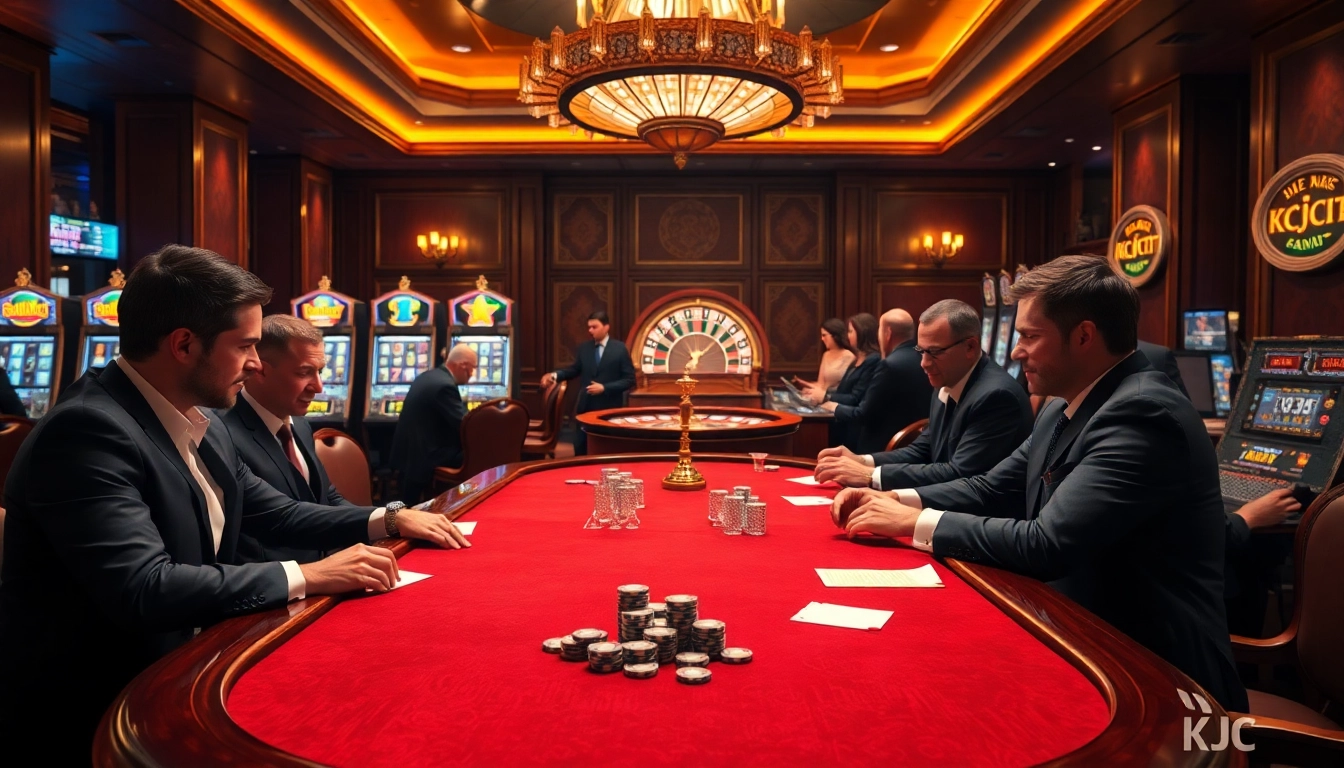 KJC gambling scene with players at a luxury poker table and vibrant slot machines.