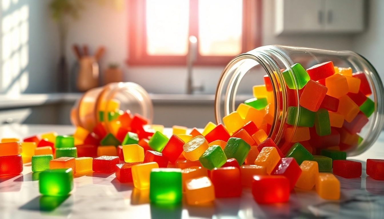 Handcrafted Weed Gummies on a marble countertop, showcasing colorful varieties in an inviting arrangement.
