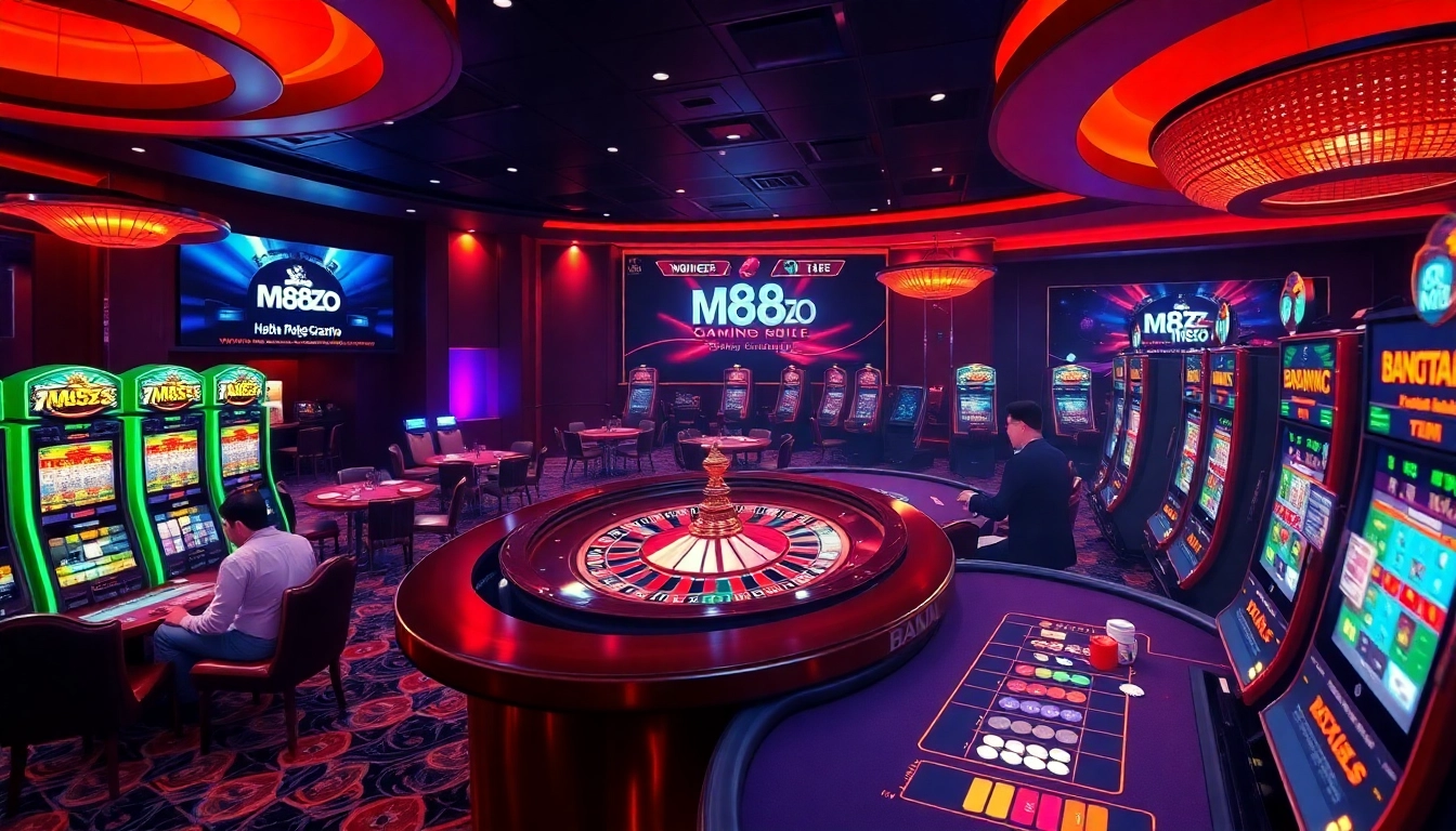 Gambling excitement at https://m88zo.com/ with vibrant casino games, players and roulette wheel.