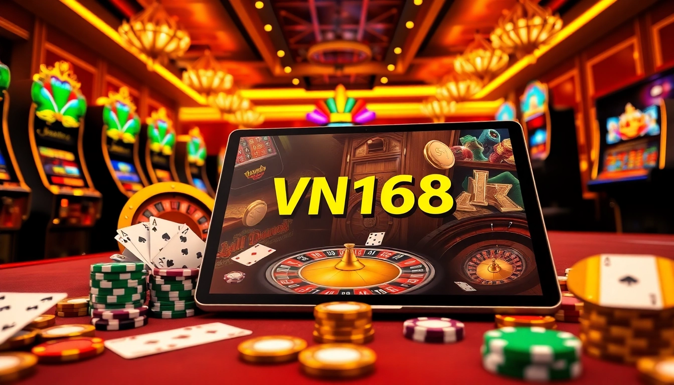 Experience the excitement of online gambling with 168vn on a vibrant digital casino interface filled with slot machines and poker chips.