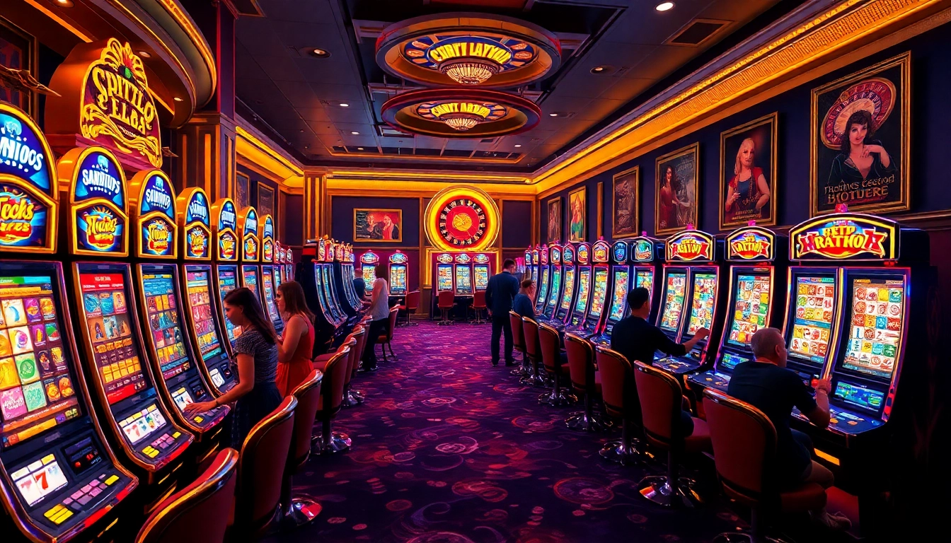 Excited gamblers enjoying the vibrant slot machines at https://www.slots899.com/, showcasing luxury and excitement.