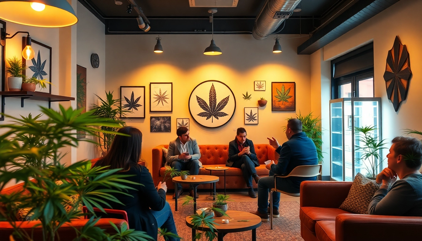 Enjoying the atmosphere at a cannabis club Madrid with members in a cozy lounge.