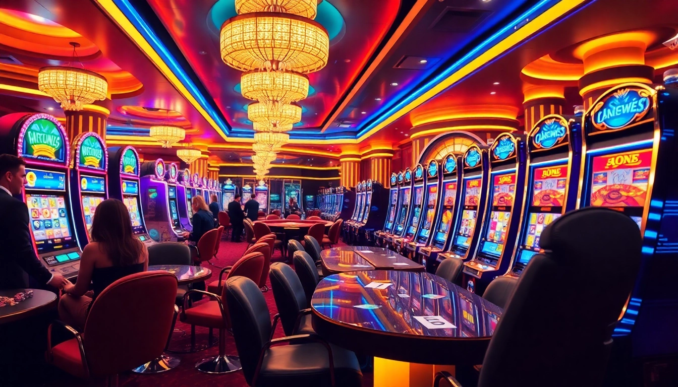 Excited players enjoying slot machines at https://www.66slots8.com/ casino, surrounded by vibrant lights and decor.