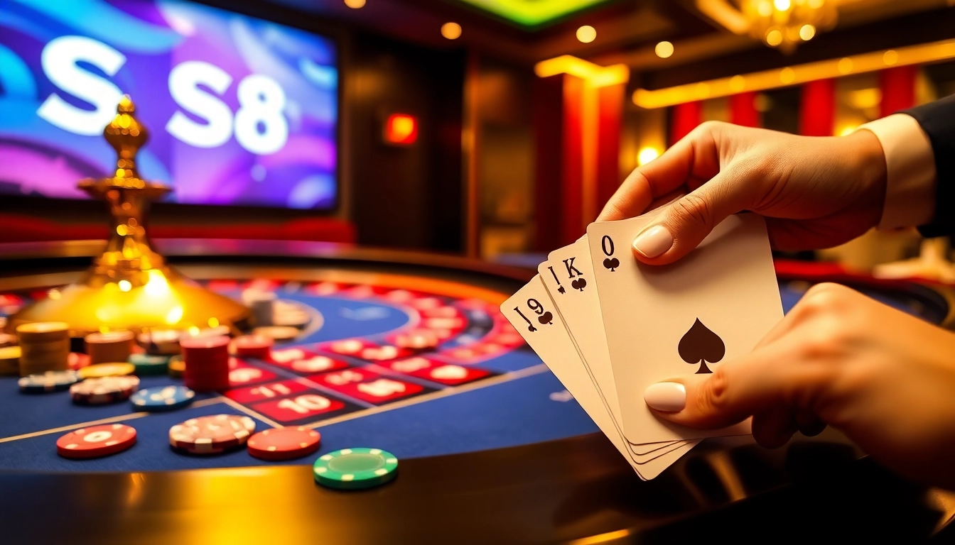 Experience high-stakes gaming at S8 Casino with a vibrant roulette table and elegant chips.