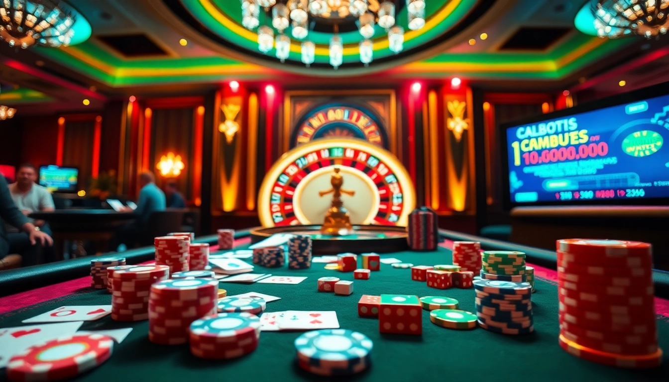 Experience the excitement at https://cair33bdg.com/ with a vibrant casino setting filled with betting tables and poker chips.