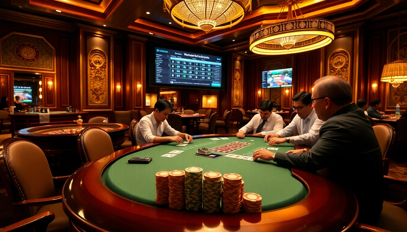 A thrilling poker game at https://tha-bet.pro/ showcasing vibrant casino elements with excited players.