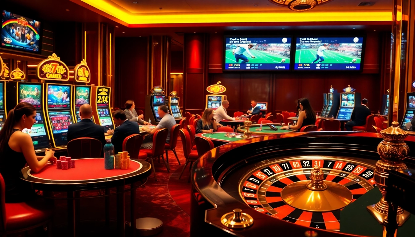Engaging scene of players enjoying poker at 7mcn with vibrant casino ambiance and live action screens.