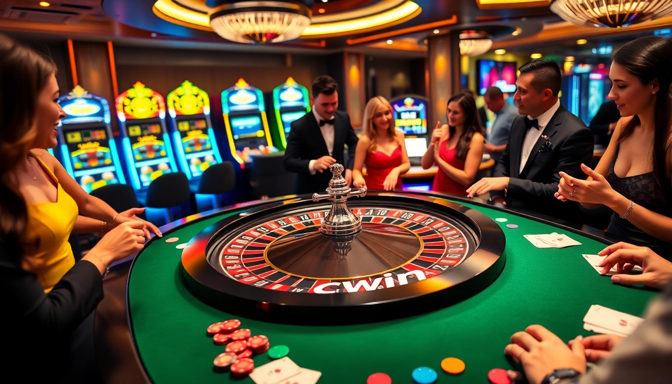 Players thrill at a casino roulette table featuring cwin branding and colorful chips in play.