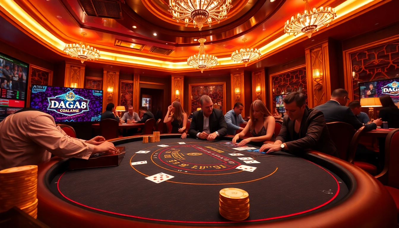 Dive into the excitement of DAGA8 gaming with vibrant casino visuals showcasing players at a blackjack table.