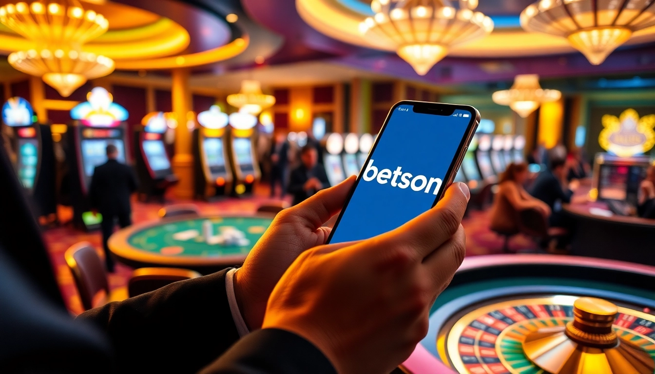 Betsson Download on a smartphone amidst a vibrant casino atmosphere filled with excitement.