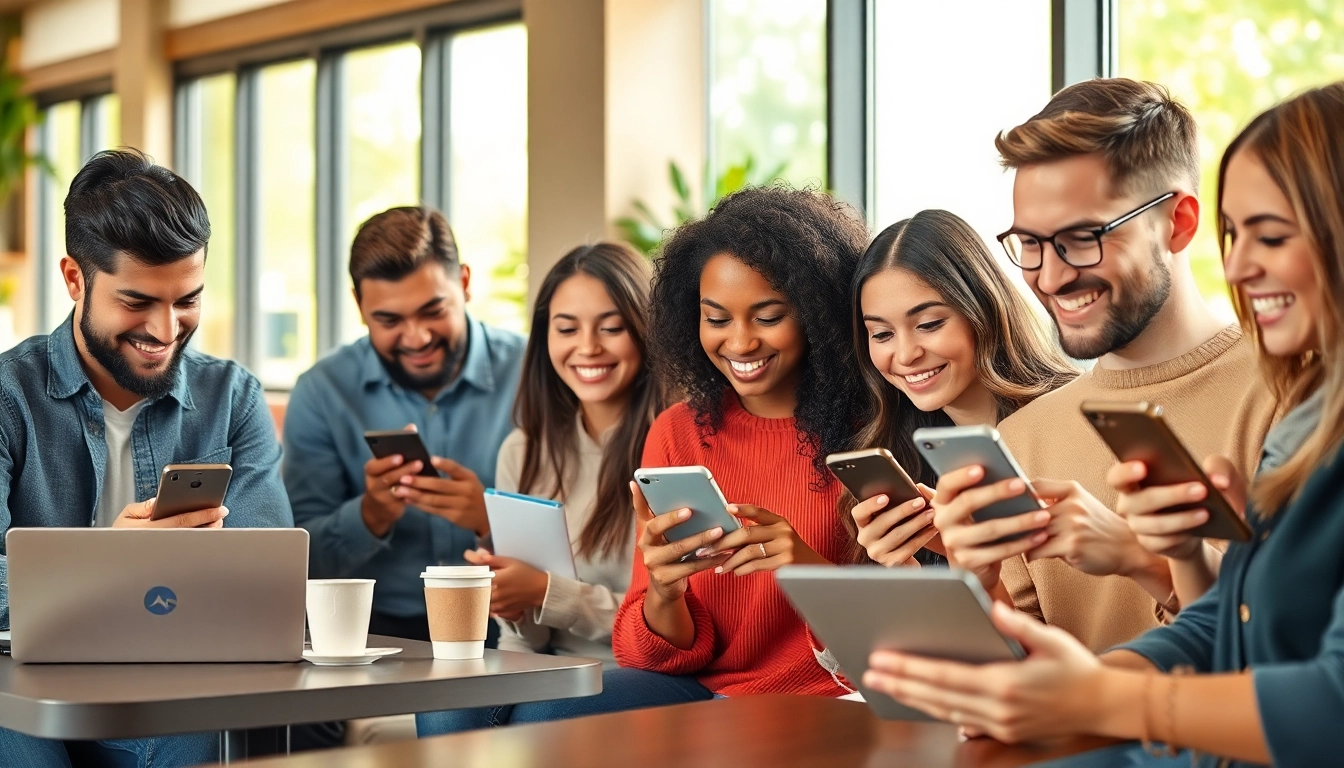 Engaged young adults using the 纸飞机中文版 app in a cozy café setting, showcasing modern communication.