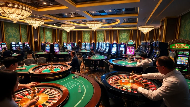 A luxury casino scene showcasing players at poker tables and slot machines, highlighting 777VIP Com features and excitement.