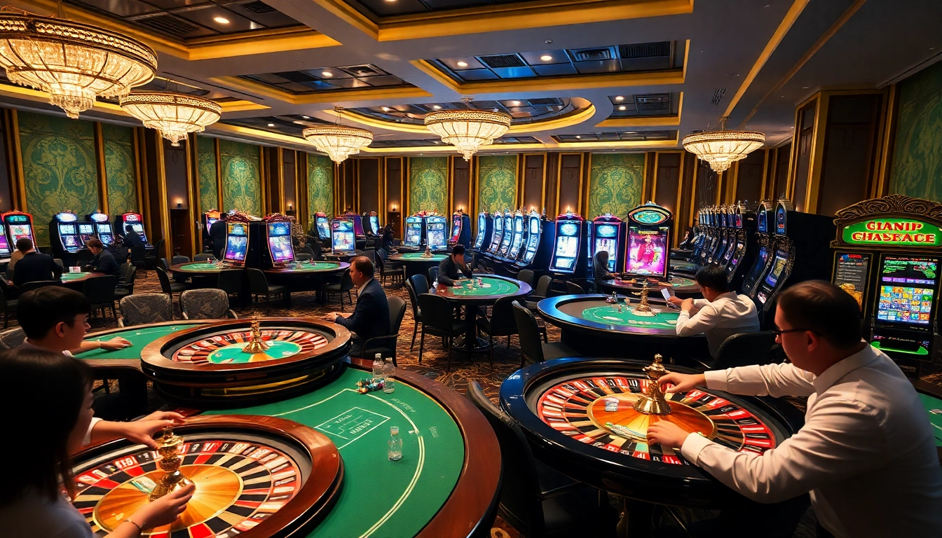 A luxury casino scene showcasing players at poker tables and slot machines, highlighting 777VIP Com features and excitement.