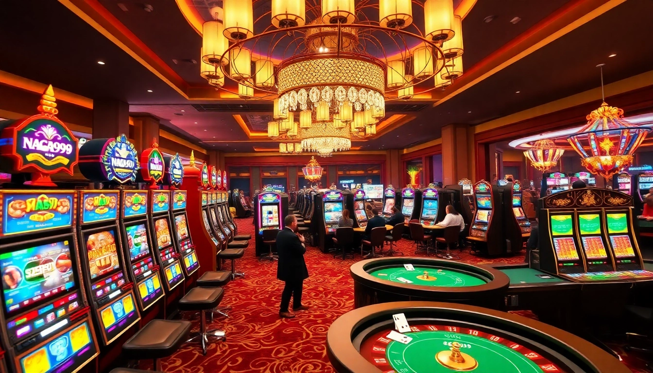 Naga99 gaming atmosphere showcasing players enjoying slot machines and table games in a vibrant casino.