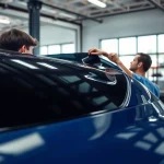 Professional application of a window tint gift card on a car window by a skilled technician.