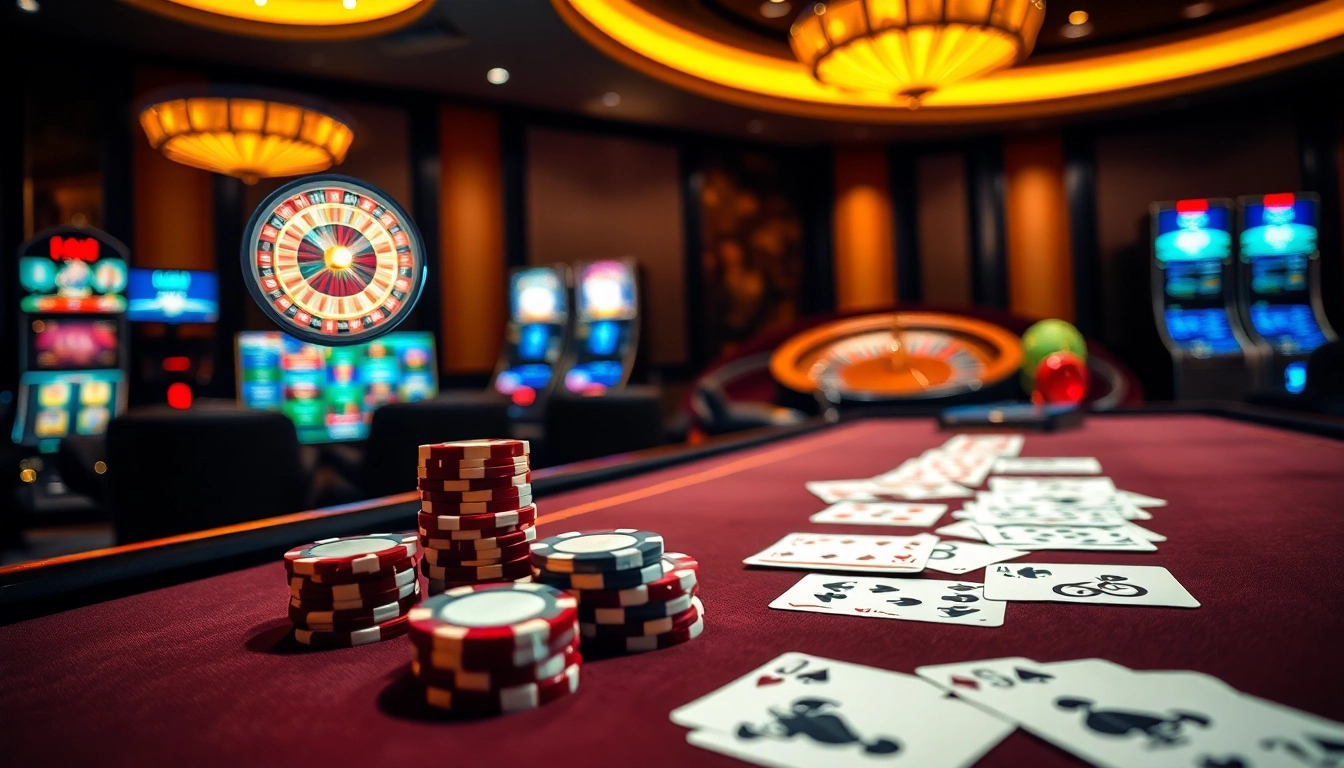 A thrilling casino scene emphasizing betting excitement at 5z7776 com with poker chips and roulette wheel.