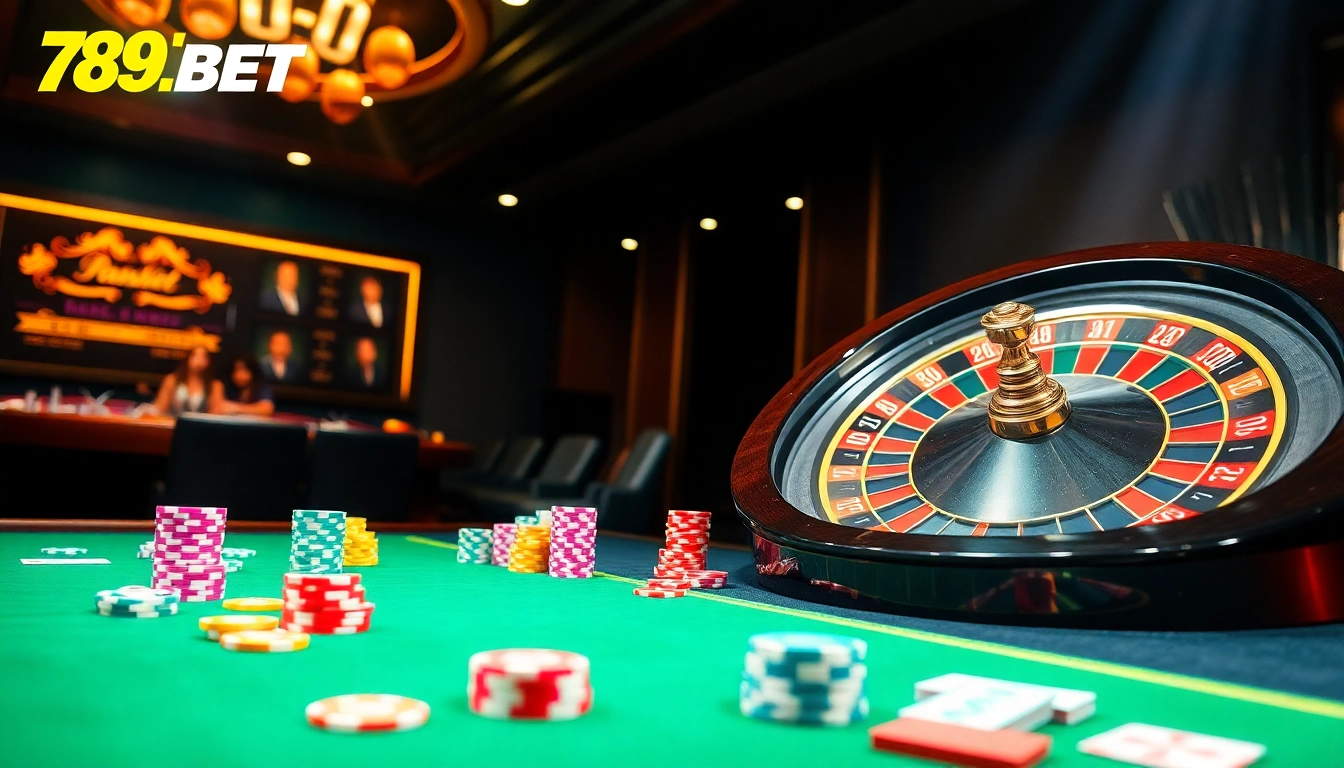 Experience the excitement of high-stakes betting at 789BET casino with vibrant tables and luxe imagery.