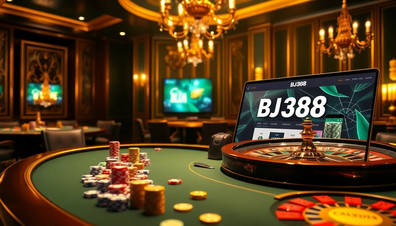 Experience thrilling gameplay at BJ388 with a luxurious casino atmosphere featuring poker and roulette.