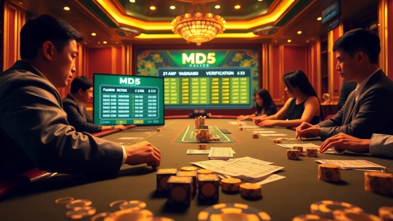 Tài xỉu MD5 game table showcasing dynamic betting atmosphere with dice and chips.