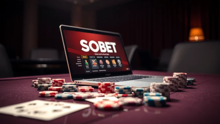 SBOBET login terbaru showcased on a sleek laptop with vibrant poker chips, enhancing the online gambling experience.