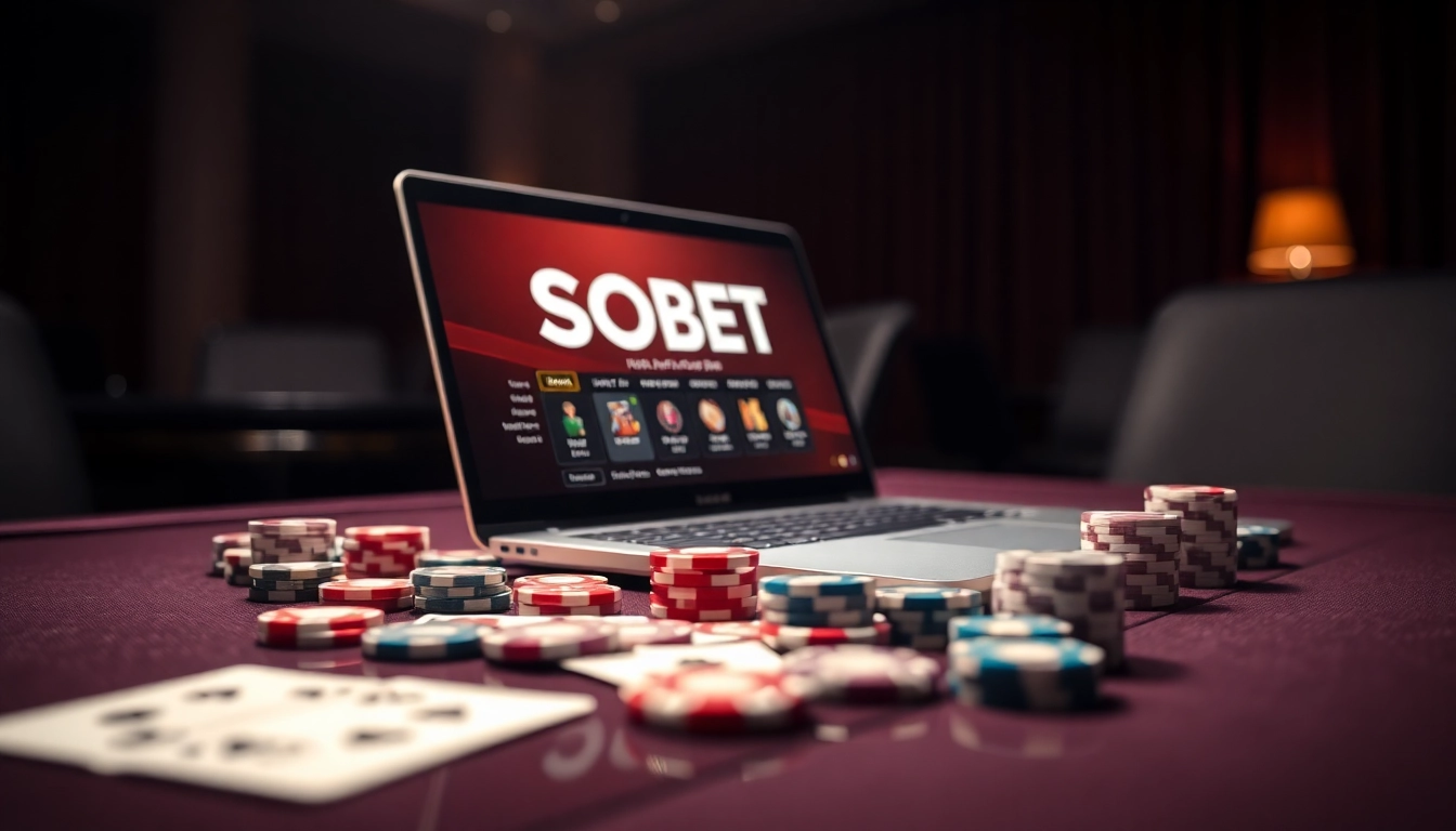SBOBET login terbaru showcased on a sleek laptop with vibrant poker chips, enhancing the online gambling experience.