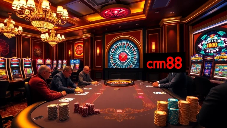 Exciting gameplay at a luxurious cm88 com casino with poker, roulette, and vibrant slot machines.