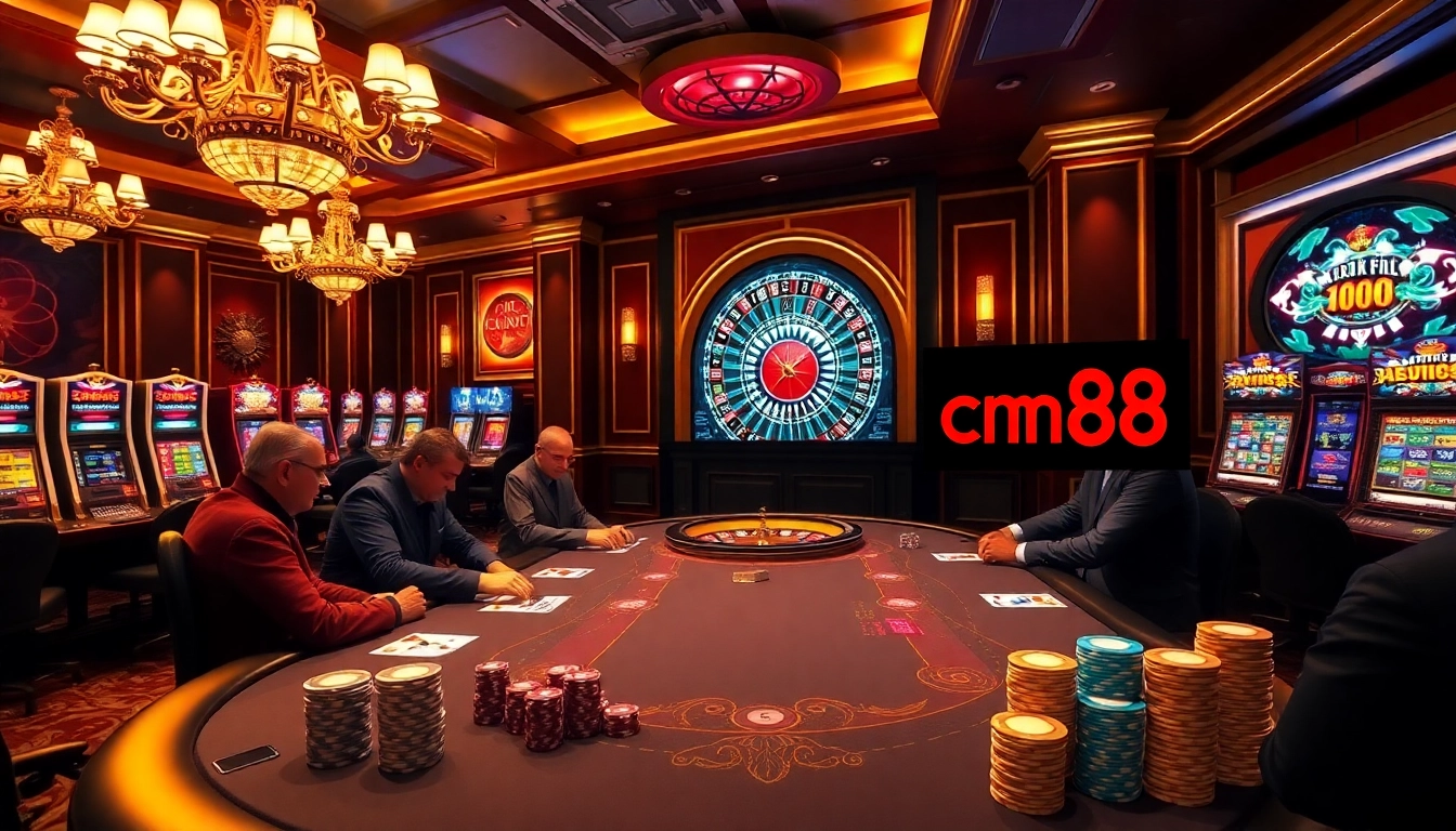 Exciting gameplay at a luxurious cm88 com casino with poker, roulette, and vibrant slot machines.