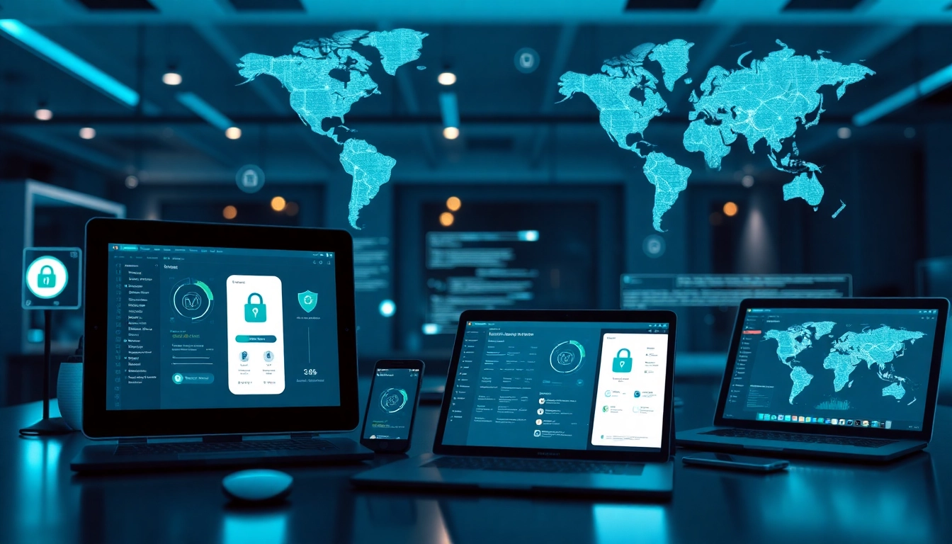 快连下载 application showcased on multiple devices in a modern tech workspace, demonstrating seamless global connectivity.