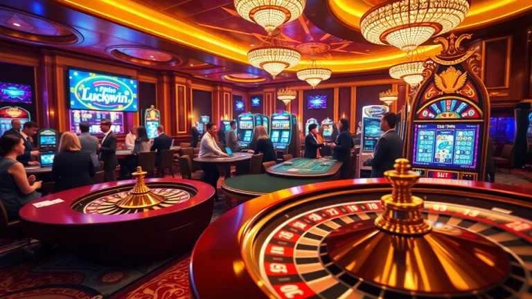 Experience the excitement of gaming at Luckywin's vibrant casino with roulette and slot machines.