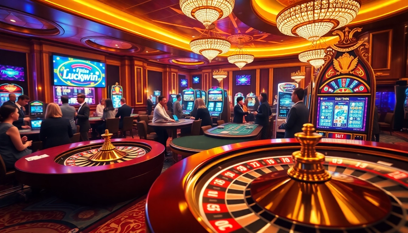 Experience the excitement of gaming at Luckywin's vibrant casino with roulette and slot machines.