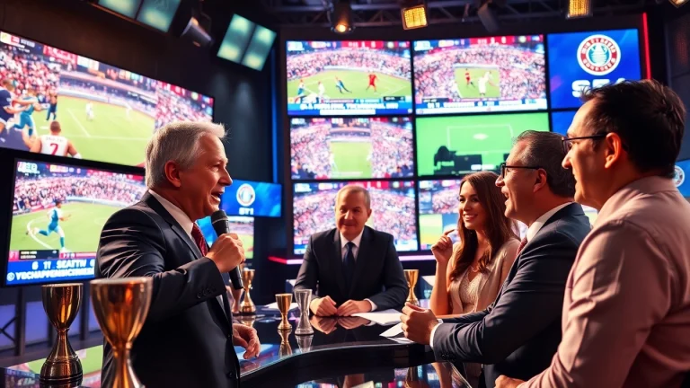 Dynamic sports broadcasting studio showcasing live action, highlighting engagement and excitement.