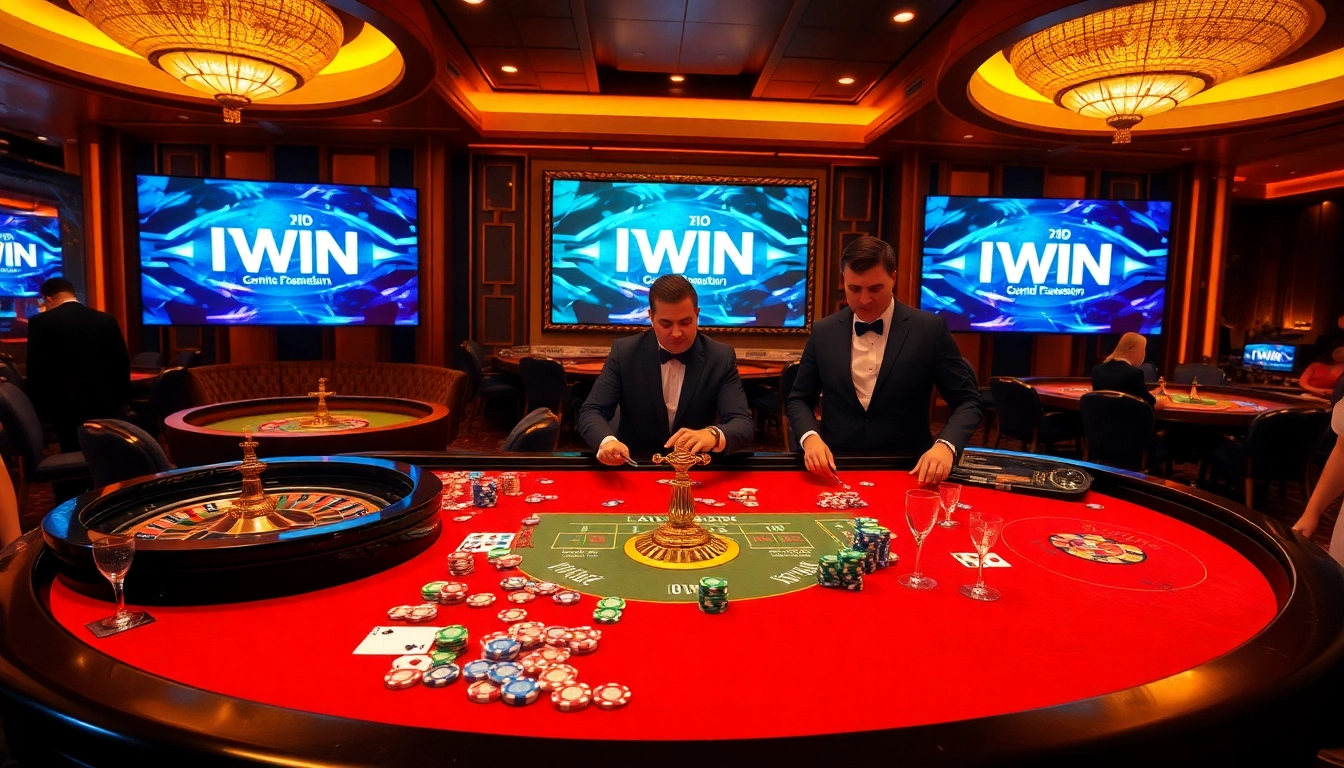 Experience the thrill of IWIN at an elegant casino table filled with poker chips and vibrant cards.