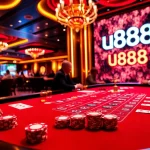 Players enjoying a thrilling game at u888 casino, showcasing poker chips and vibrant roulette wheel.